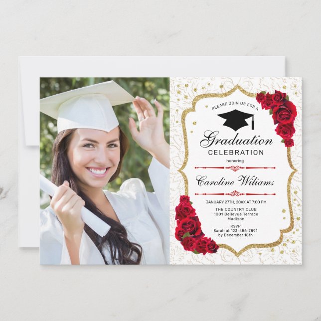 Invitación Partido de Graduación Con Foto - Blanco Rojo Oro (Anverso)