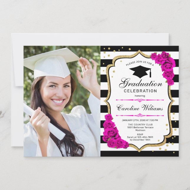 Invitación Partido de Graduación Con Foto - Blanco Rosa Dorad (Anverso)