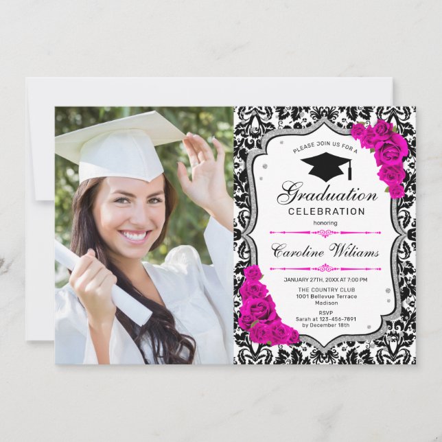 Invitación Partido de Graduación Con Foto - Blanco Rosa Plate (Anverso)