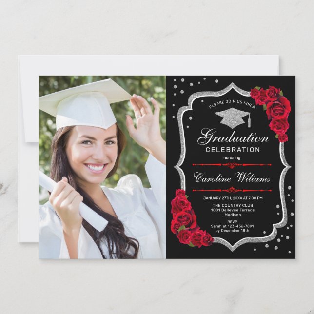 Invitación Partido de Graduación con Foto - Negro Plata Rojo (Anverso)