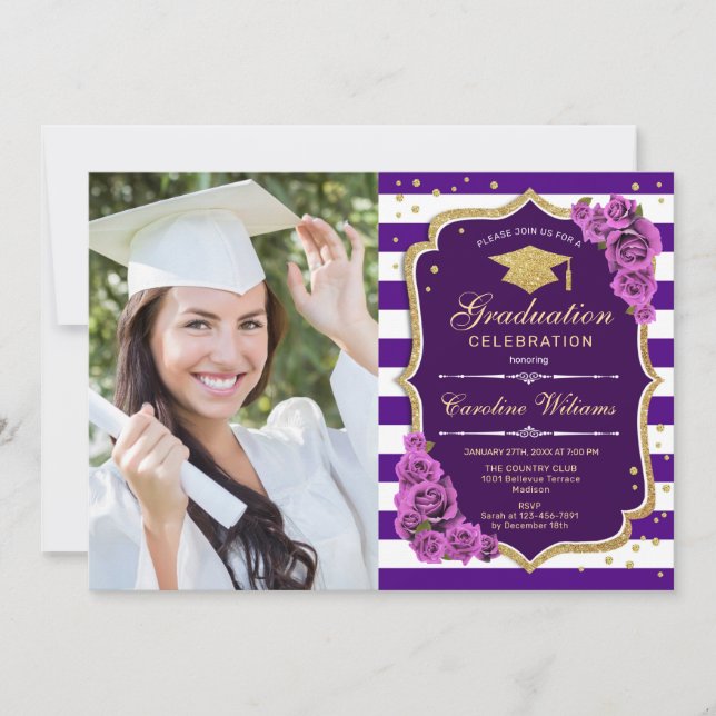 Invitación Partido de Graduación Con Foto - Oro Púrpura (Anverso)