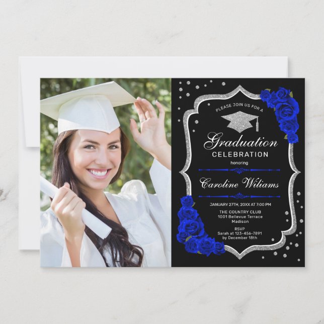 Invitación Partido de Graduación con Foto - Plata Azul Real (Anverso)
