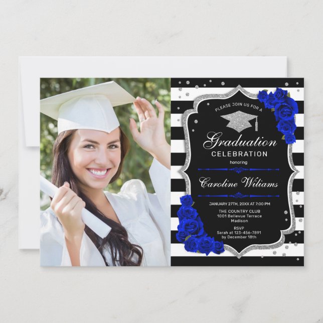Invitación Partido de Graduación con Foto - Plata Azul Real (Anverso)