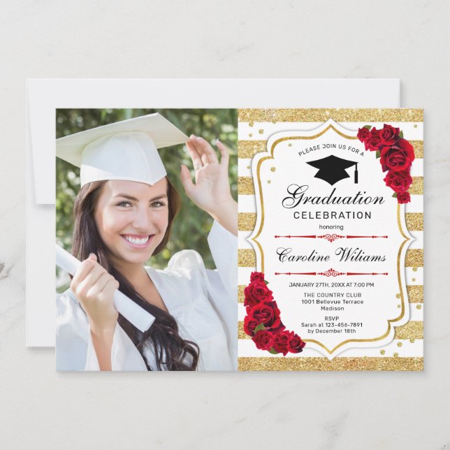 Invitación Partido de graduación con foto - Rojo blanco dorad (Anverso)