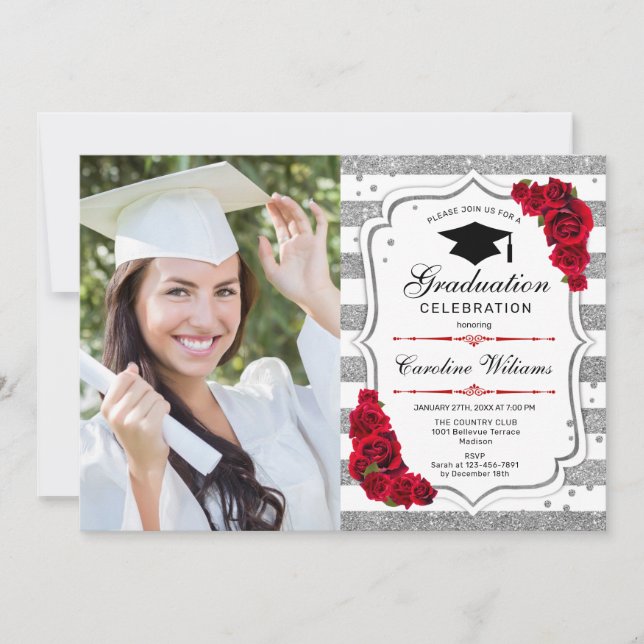 Invitación Partido de Graduación Con Foto - Rojo Blanco Plate (Anverso)