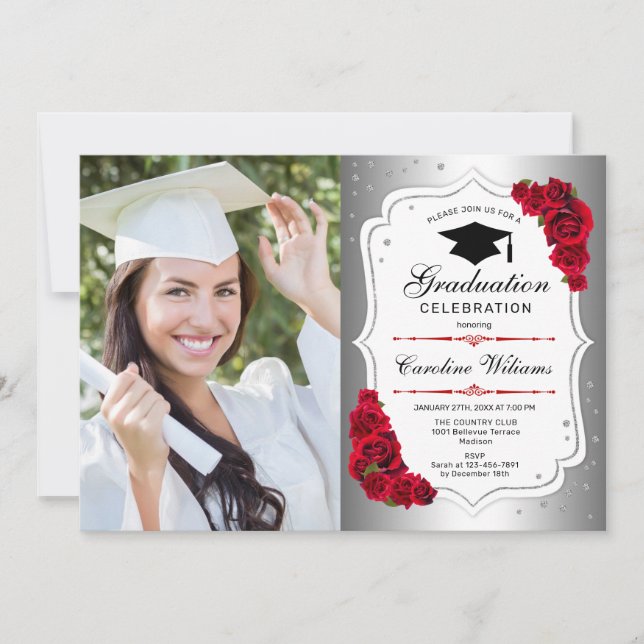 Invitación Partido de Graduación Con Foto - Rojo Blanco Plate (Anverso)