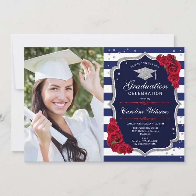 Invitación Partido de graduación con foto - Rojo de plata de  (Anverso)