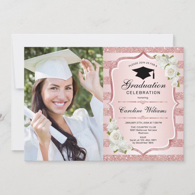 Invitación Partido de Graduación con Foto - Rosa Oro Blanco (Anverso)
