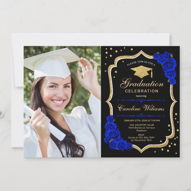 Invitación Partido de Graduación con Foto - Royal Blue Gold (Anverso)