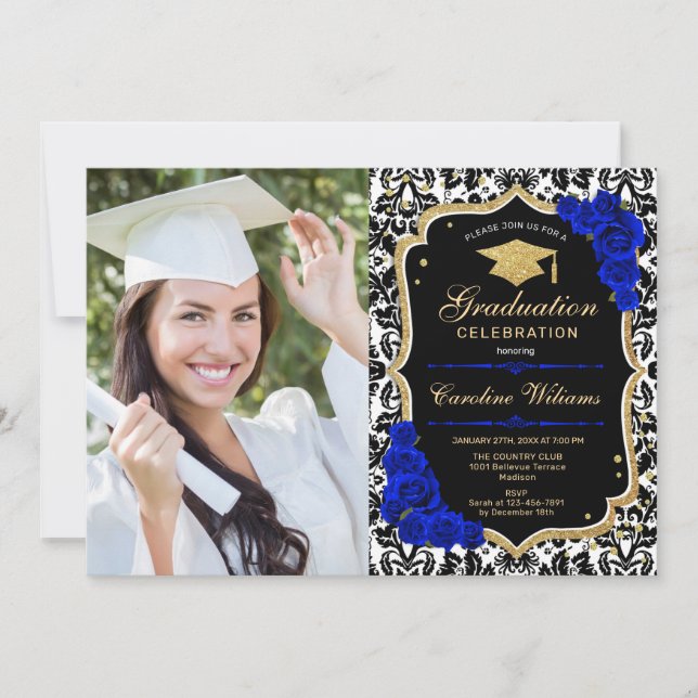 Invitación Partido de Graduación con Foto - Royal Blue Gold (Anverso)