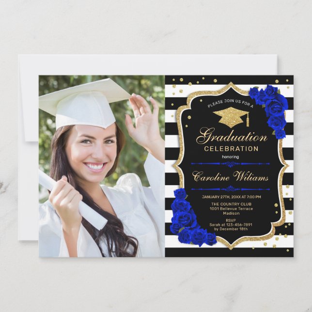 Invitación Partido de Graduación con Foto - Royal Blue Gold (Anverso)