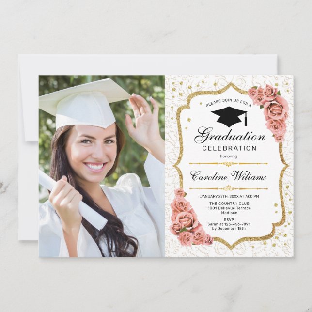 Invitación Partido de Graduación Con Foto - Rubor Blanco Oro (Anverso)