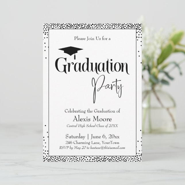 Invitación Partido de Graduación Confetti Blanco y Negro (Anverso de pie)