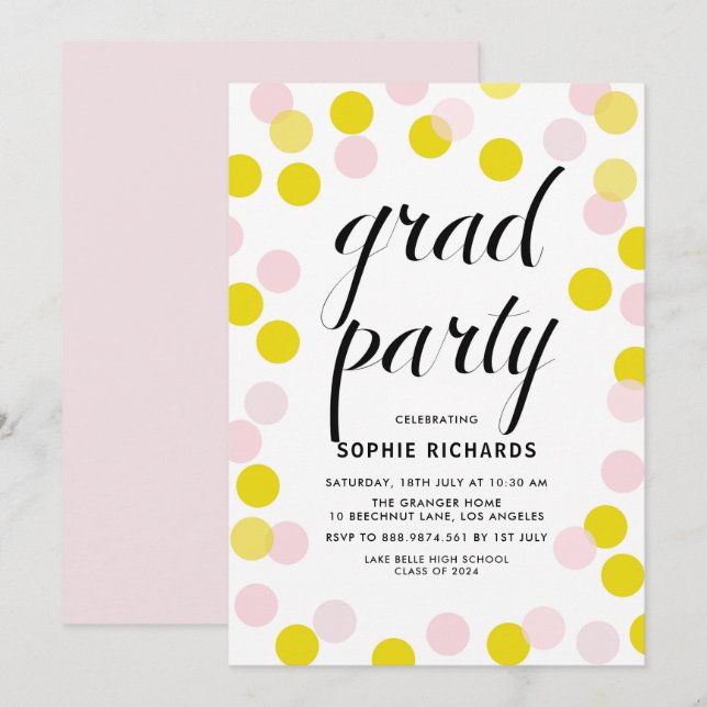 Invitación Partido de Graduación Confetti con puntos de polka (Anverso / Reverso)