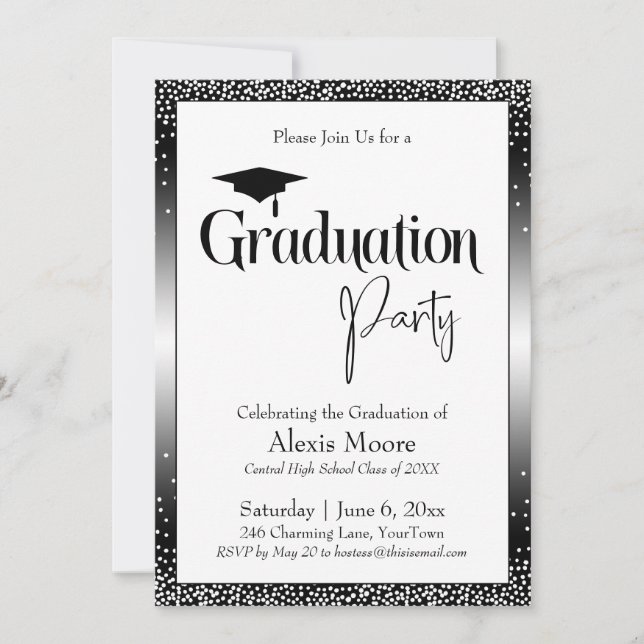 Invitación Partido de Graduación Confetti de Ombre Blanco y N (Anverso)