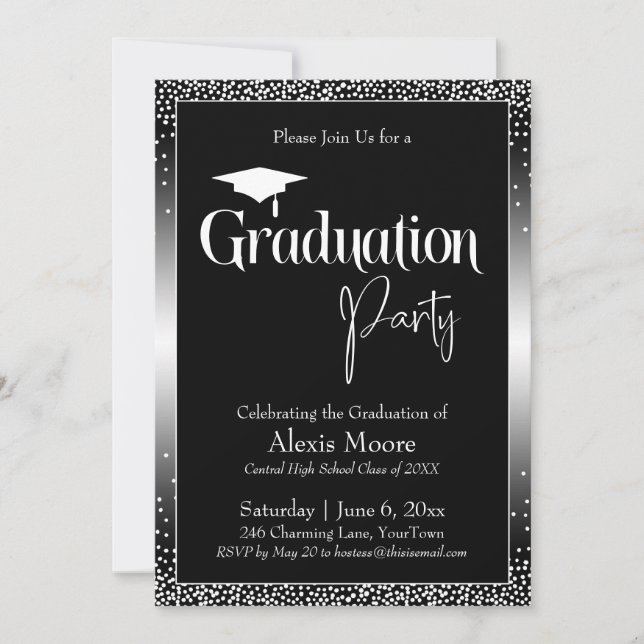 Invitación Partido de Graduación Confetti de Ombre Blanco y N (Anverso)