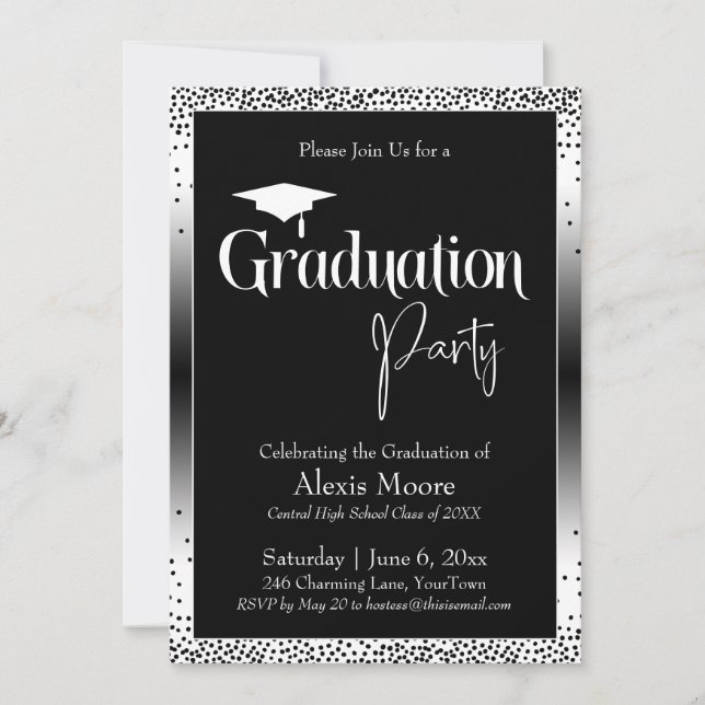 Invitación Partido de Graduación Confetti de Ombre Blanco y N (Anverso)