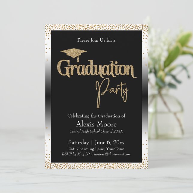 Invitación Partido de Graduación Confetti de Oro de Ombre Bla (Anverso de pie)