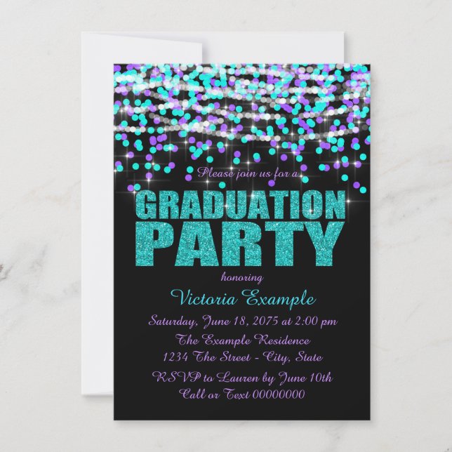 Invitación Partido de Graduación Confetti Morado y Verde azul (Anverso)