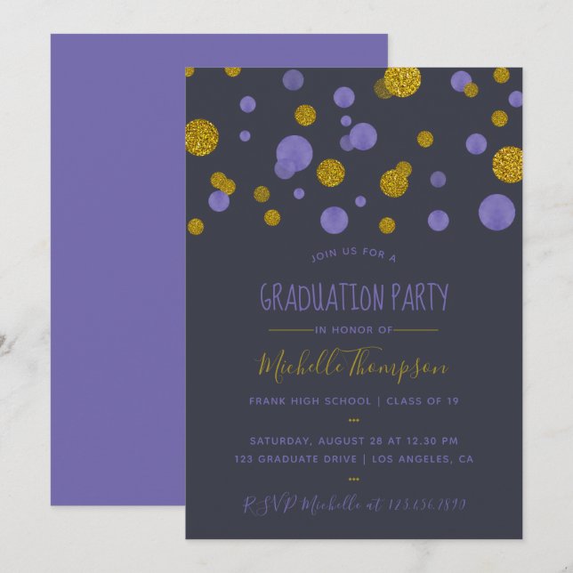 Invitación Partido de Graduación Confetti Purpurina Púrpura y (Anverso / Reverso)