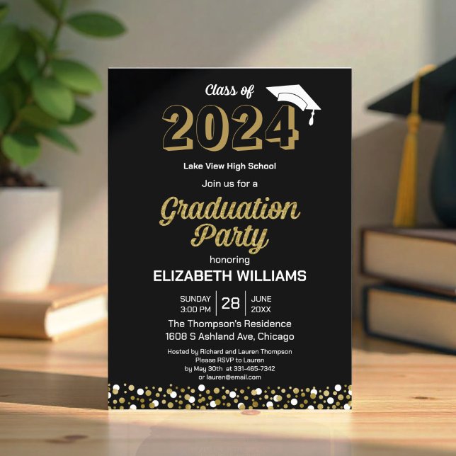 Invitación Partido de Graduación Confetti Script Relieve meta (Subido por el creador)