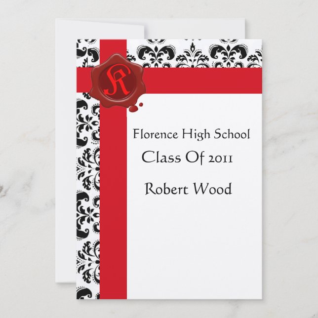 Invitación PARTIDO DE GRADUACIÓN DAMASK Monograma de sellado  (Anverso)
