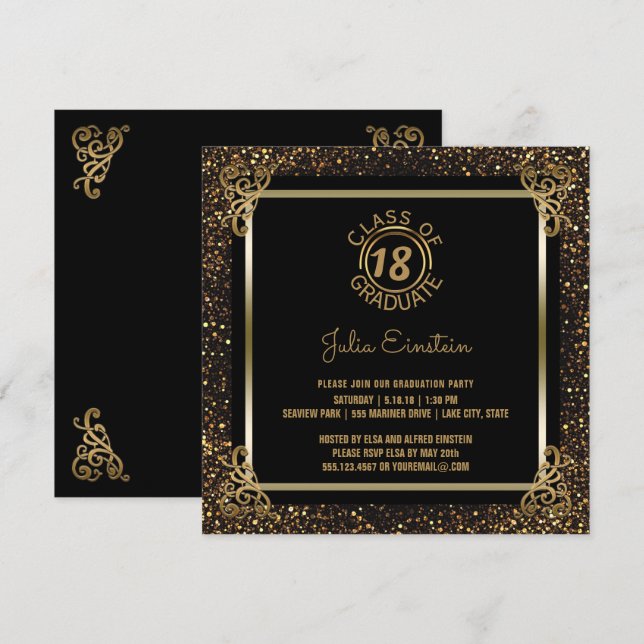 Invitación Partido de Graduación de 2018 | Elegante Purpurina (Anverso / Reverso)