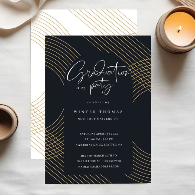 Invitación Partido de Graduación de Arcos Concéntricos de Gui (Modern Script Concentric Arches Graduation Party Foil Invitation)