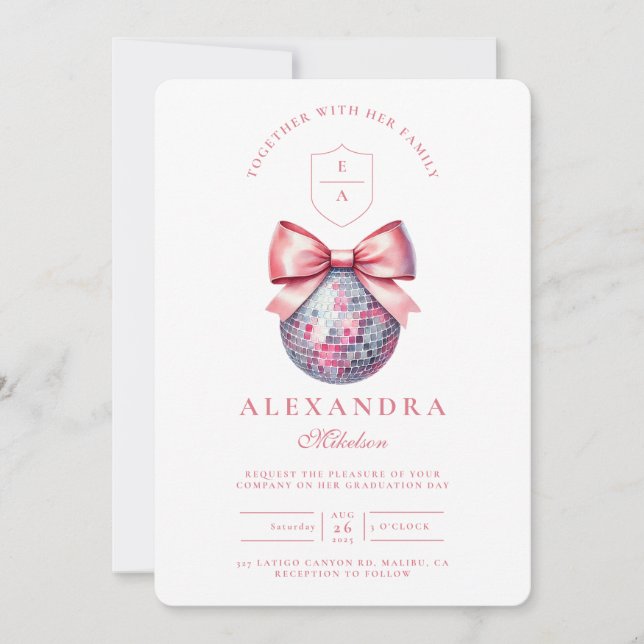 Invitación Partido de Graduación de Ball Disco de Bow Rosa (Anverso)