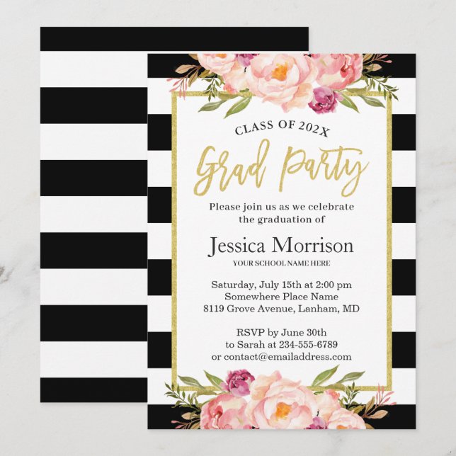 Invitación Partido de Graduación de Bandas Modernas Floral Go (Anverso / Reverso)