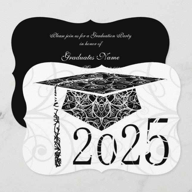 Invitación Partido de Graduación de Black and White Floral Ca (Anverso / Reverso)
