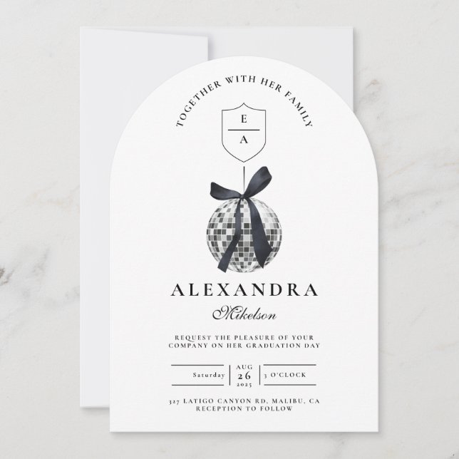 Invitación Partido de graduación de Black Bow Disco Ball (Anverso)