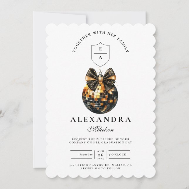 Invitación Partido de graduación de Black Bow Disco Ball (Anverso)