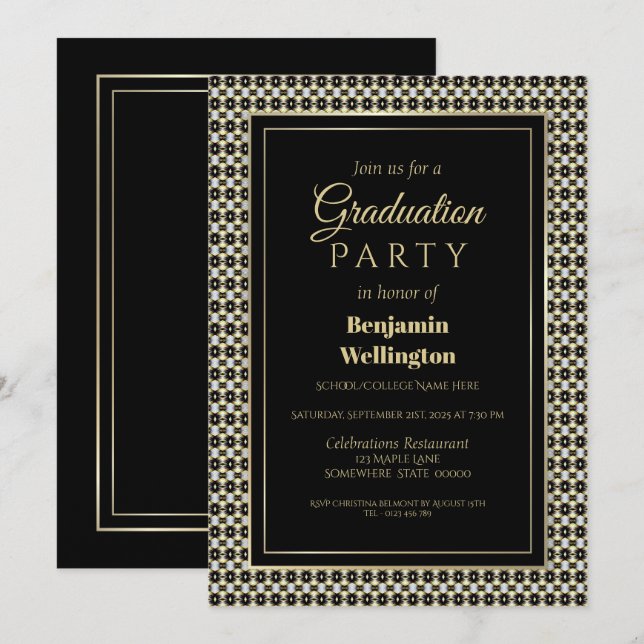 Invitación Partido de Graduación de Blanco y Oro Negro (Anverso / Reverso)