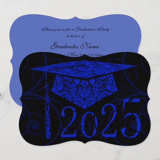 Invitación Partido de Graduación de Blue and Black Floral Cap (Anverso / Reverso)