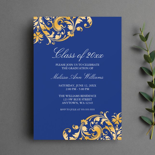 Invitación Partido de Graduación de Blue Gold Swirl (Subido por el creador)