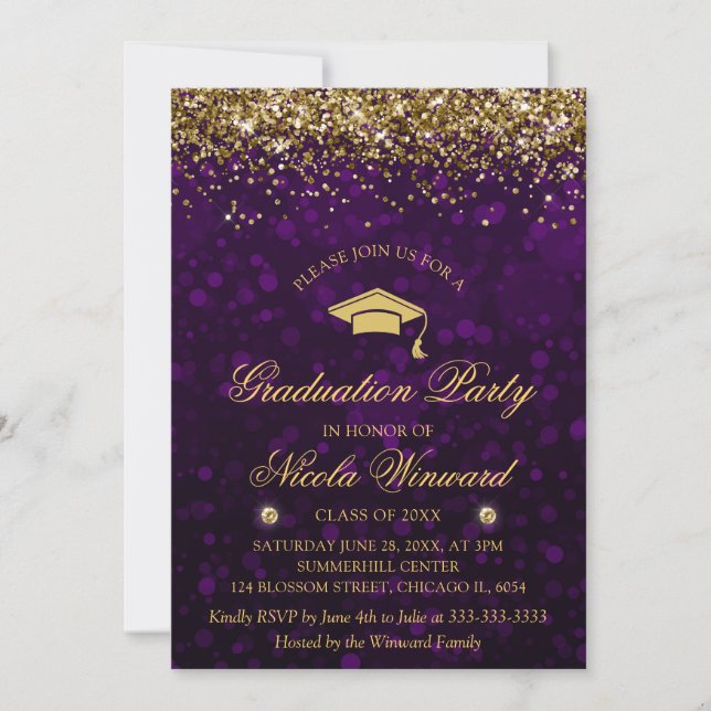 Invitación Partido de Graduación de Bokeh Morado y Purpurina  (Anverso)