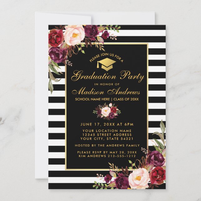 Invitación Partido de Graduación de Borgoña Floral Gold Strip (Anverso)
