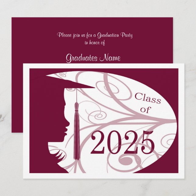 Invitación Partido de Graduación de Borgoña y Silhouette Blan (Anverso / Reverso)
