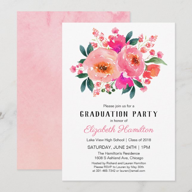 Invitación Partido de graduación de Bouquet de Floral Rosa Br (Anverso / Reverso)