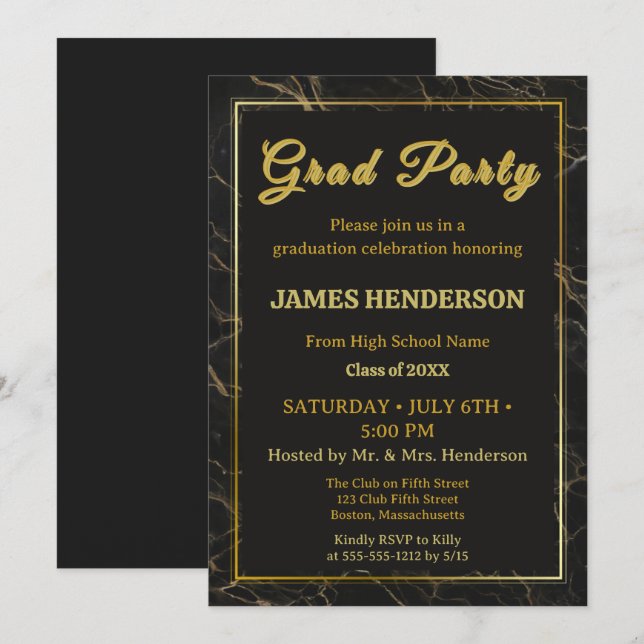 Invitación Partido de Graduación de Caligrafía de Mármol Negr (Anverso / Reverso)