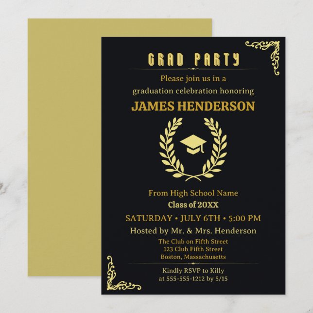 Invitación Partido de Graduación de Caligrafía de Oro Negro 2 (Anverso / Reverso)