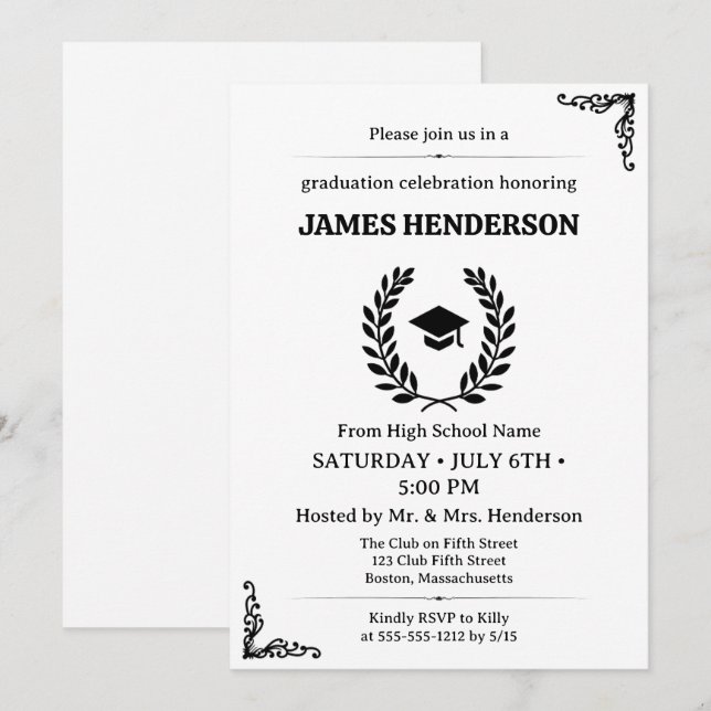 Invitación Partido de Graduación de Caligrafía Negra de moda  (Anverso / Reverso)