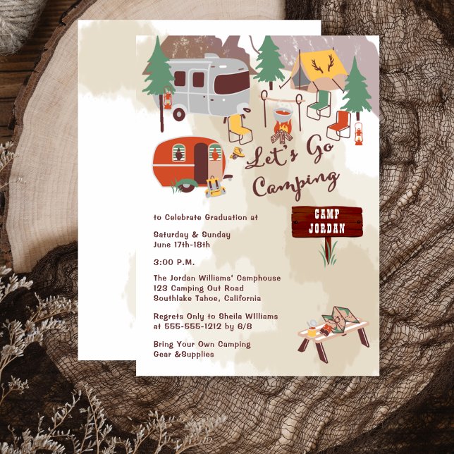 Invitación Partido de Graduación de Camping a mano (Handdrawn "Let's Go Camping"  Graduation Party Invitation -- Print and/or Digital Download)