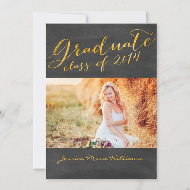 Invitación Partido de Graduación de Chalkboard | efecto metal (Anverso)