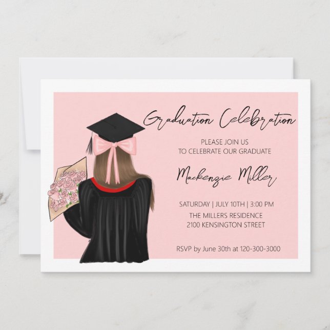 Invitación Partido de Graduación de Chica de Coqueta de Pelo  (Anverso)
