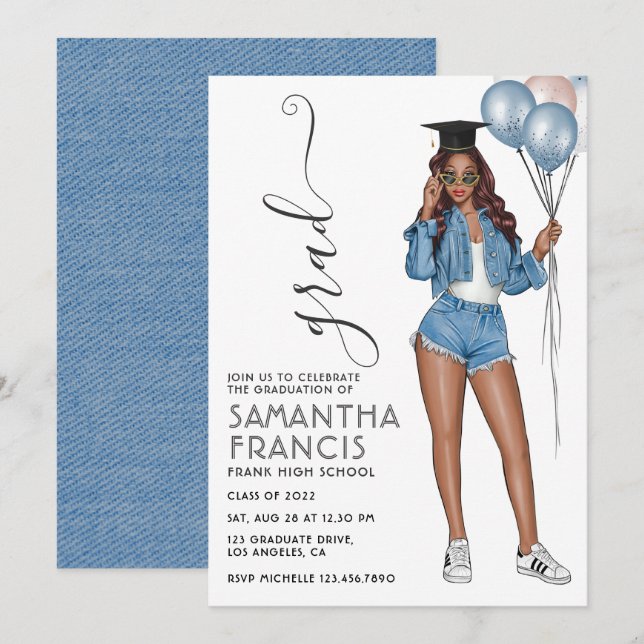 Invitación Partido de Graduación de Chicas con temática Denim (Anverso / Reverso)