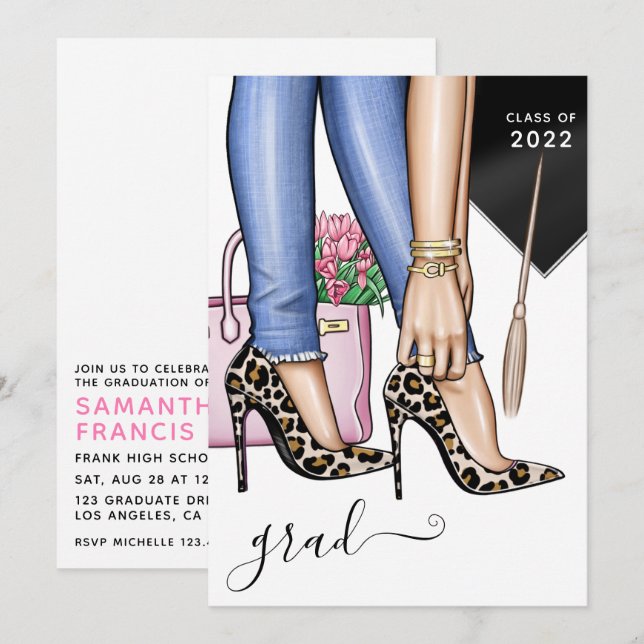 Invitación Partido de Graduación de Chicas de Moda del Leopar (Anverso / Reverso)