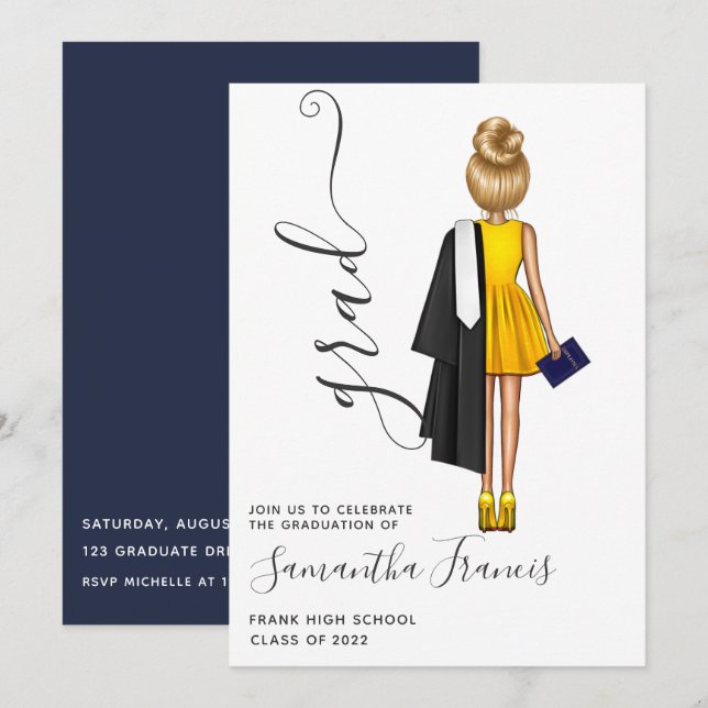 Invitación Partido de Graduación de Chicas Navy Blue and Gold (Anverso / Reverso)