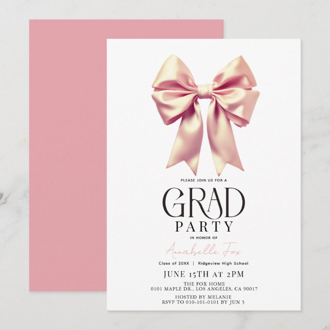 Invitación Partido de Graduación de Cinta de Oro Rosa Coquett (Anverso / Reverso)